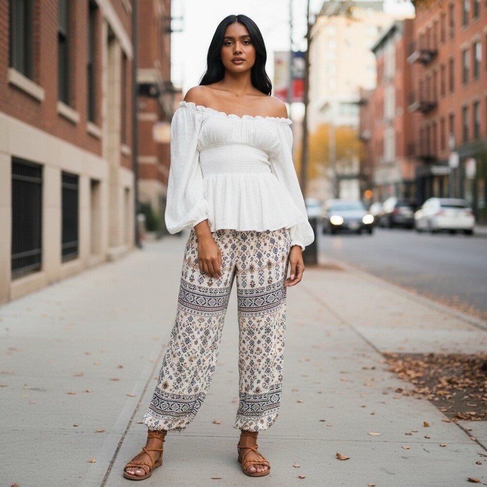 Princess Polly Off Shoulder White Smocked Peplum Balloon Sleeve Blouse Womens 4